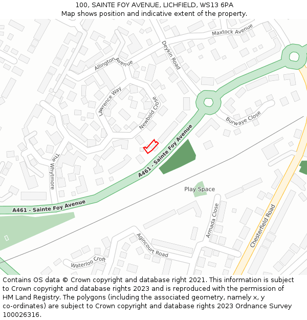 100, SAINTE FOY AVENUE, LICHFIELD, WS13 6PA: Location map and indicative extent of plot