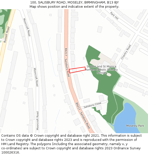 100, SALISBURY ROAD, MOSELEY, BIRMINGHAM, B13 8JY: Location map and indicative extent of plot