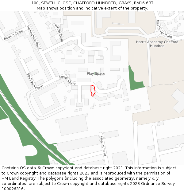 100, SEWELL CLOSE, CHAFFORD HUNDRED, GRAYS, RM16 6BT: Location map and indicative extent of plot