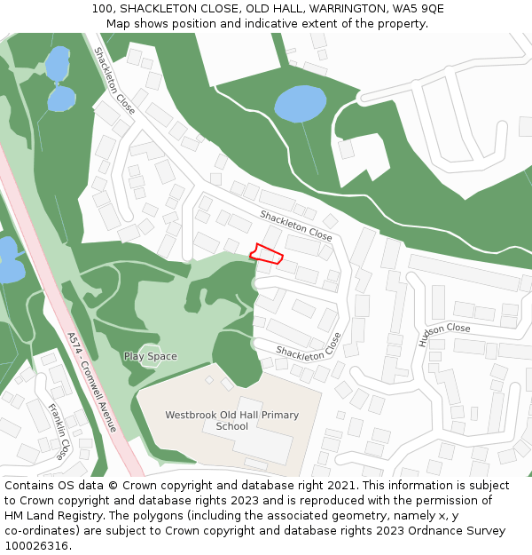 100, SHACKLETON CLOSE, OLD HALL, WARRINGTON, WA5 9QE: Location map and indicative extent of plot