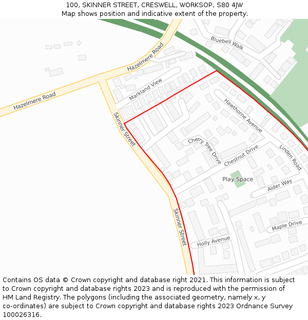 100, SKINNER STREET, CRESWELL, WORKSOP, S80 4JW: Location map and indicative extent of plot