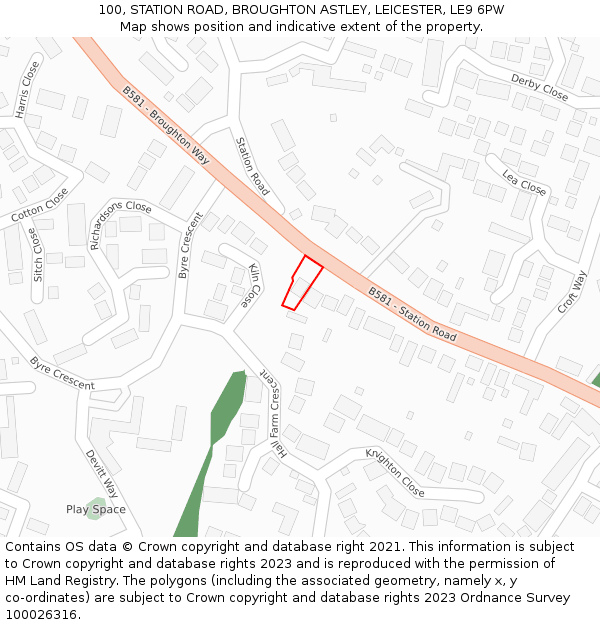 100, STATION ROAD, BROUGHTON ASTLEY, LEICESTER, LE9 6PW: Location map and indicative extent of plot