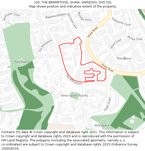 100, THE BRAMPTONS, SHAW, SWINDON, SN5 5SL: Location map and indicative extent of plot