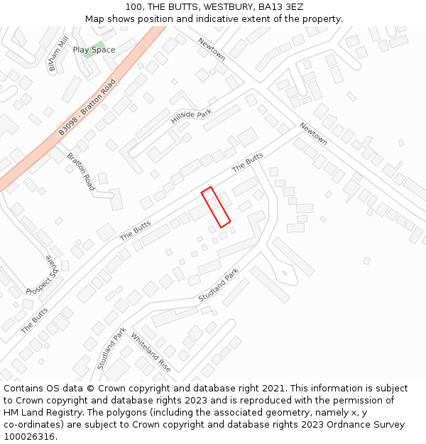 100, THE BUTTS, WESTBURY, BA13 3EZ: Location map and indicative extent of plot