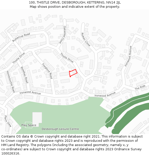 100, THISTLE DRIVE, DESBOROUGH, KETTERING, NN14 2JL: Location map and indicative extent of plot