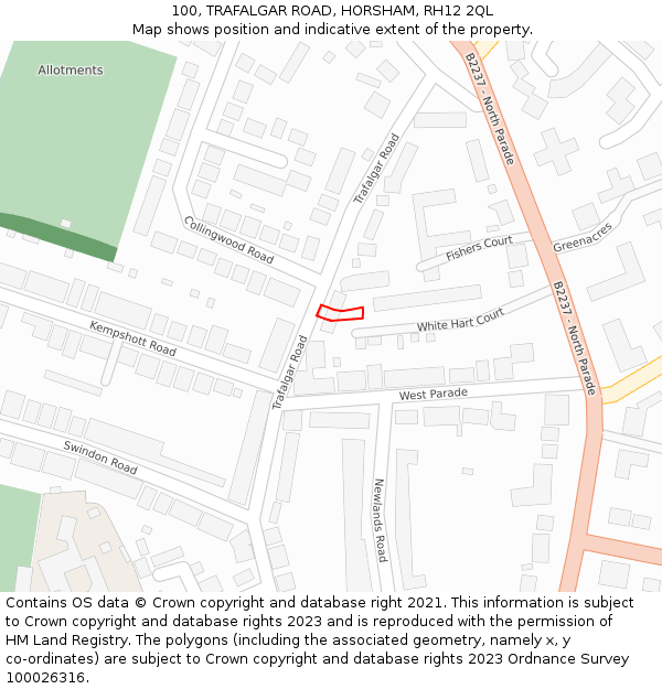 100, TRAFALGAR ROAD, HORSHAM, RH12 2QL: Location map and indicative extent of plot