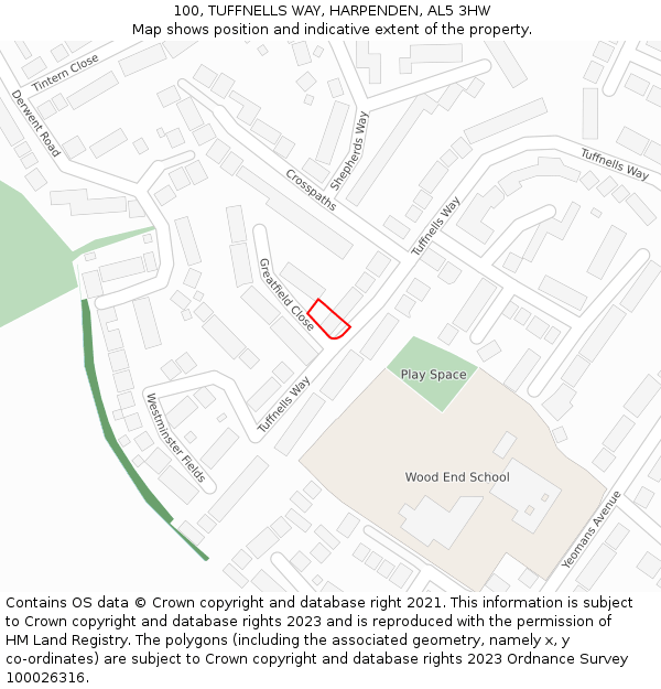 100, TUFFNELLS WAY, HARPENDEN, AL5 3HW: Location map and indicative extent of plot