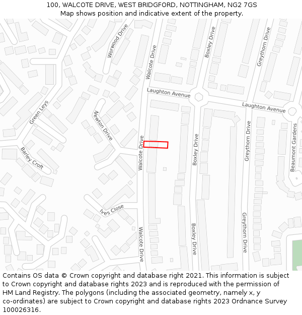 100, WALCOTE DRIVE, WEST BRIDGFORD, NOTTINGHAM, NG2 7GS: Location map and indicative extent of plot