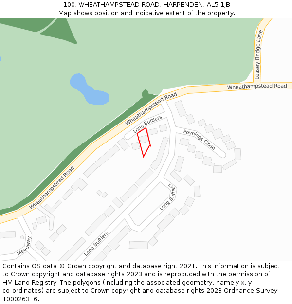 100, WHEATHAMPSTEAD ROAD, HARPENDEN, AL5 1JB: Location map and indicative extent of plot