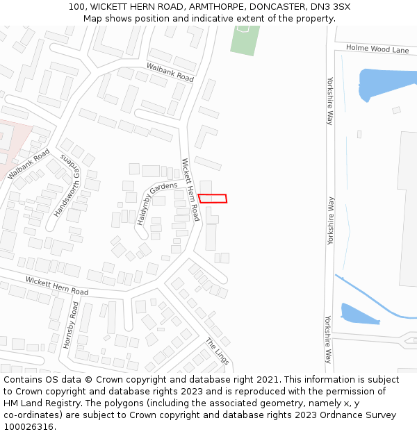 100, WICKETT HERN ROAD, ARMTHORPE, DONCASTER, DN3 3SX: Location map and indicative extent of plot