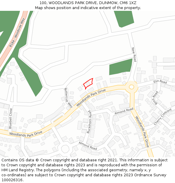 100, WOODLANDS PARK DRIVE, DUNMOW, CM6 1XZ: Location map and indicative extent of plot