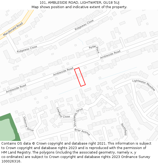 101, AMBLESIDE ROAD, LIGHTWATER, GU18 5UJ: Location map and indicative extent of plot