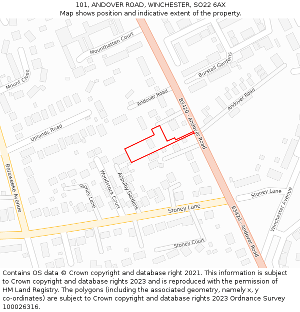 101, ANDOVER ROAD, WINCHESTER, SO22 6AX: Location map and indicative extent of plot