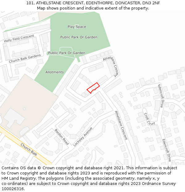 101, ATHELSTANE CRESCENT, EDENTHORPE, DONCASTER, DN3 2NF: Location map and indicative extent of plot
