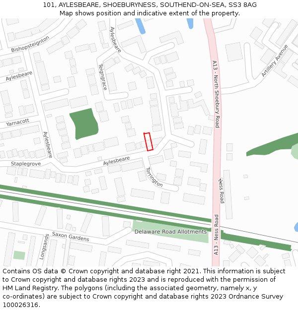 101, AYLESBEARE, SHOEBURYNESS, SOUTHEND-ON-SEA, SS3 8AG: Location map and indicative extent of plot