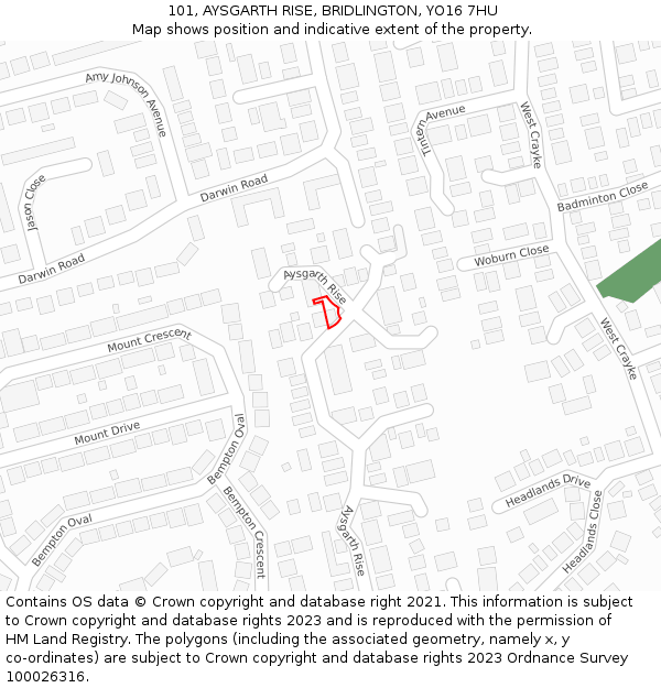 101, AYSGARTH RISE, BRIDLINGTON, YO16 7HU: Location map and indicative extent of plot