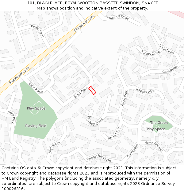 101, BLAIN PLACE, ROYAL WOOTTON BASSETT, SWINDON, SN4 8FF: Location map and indicative extent of plot