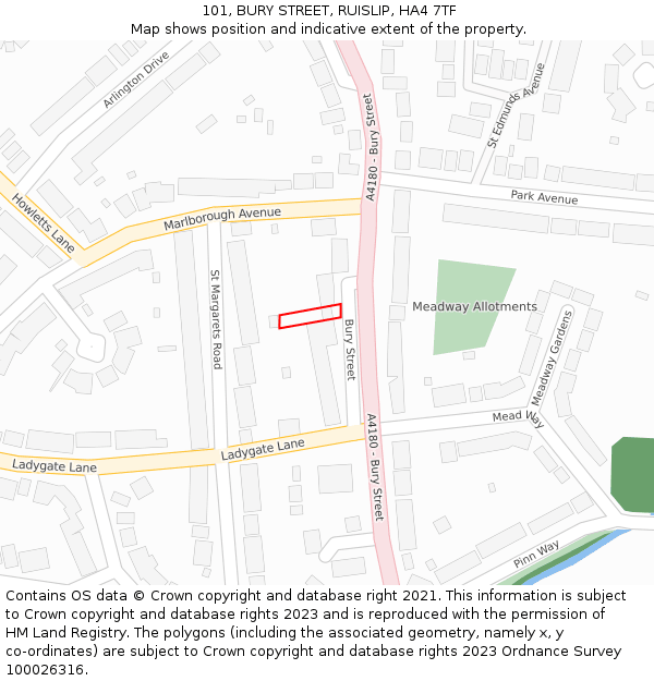 101, BURY STREET, RUISLIP, HA4 7TF: Location map and indicative extent of plot