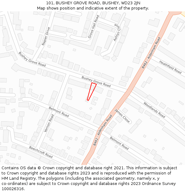 101, BUSHEY GROVE ROAD, BUSHEY, WD23 2JN: Location map and indicative extent of plot