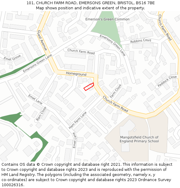 101, CHURCH FARM ROAD, EMERSONS GREEN, BRISTOL, BS16 7BE: Location map and indicative extent of plot