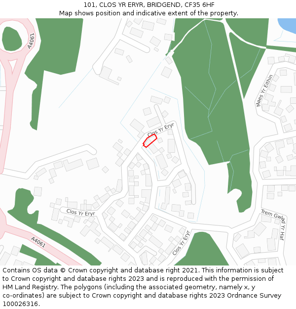 101, CLOS YR ERYR, BRIDGEND, CF35 6HF: Location map and indicative extent of plot