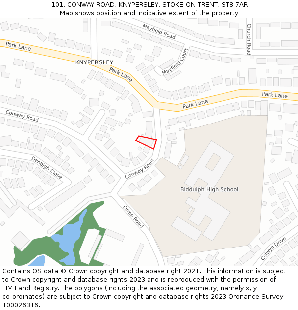 101, CONWAY ROAD, KNYPERSLEY, STOKE-ON-TRENT, ST8 7AR: Location map and indicative extent of plot