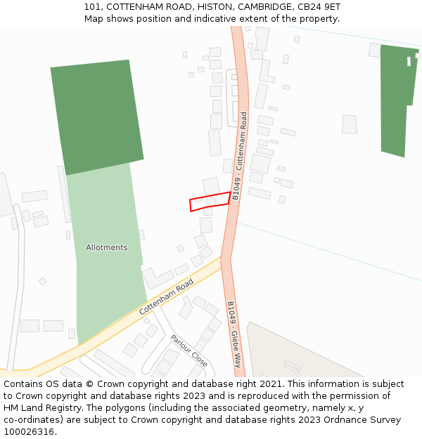 101, COTTENHAM ROAD, HISTON, CAMBRIDGE, CB24 9ET: Location map and indicative extent of plot