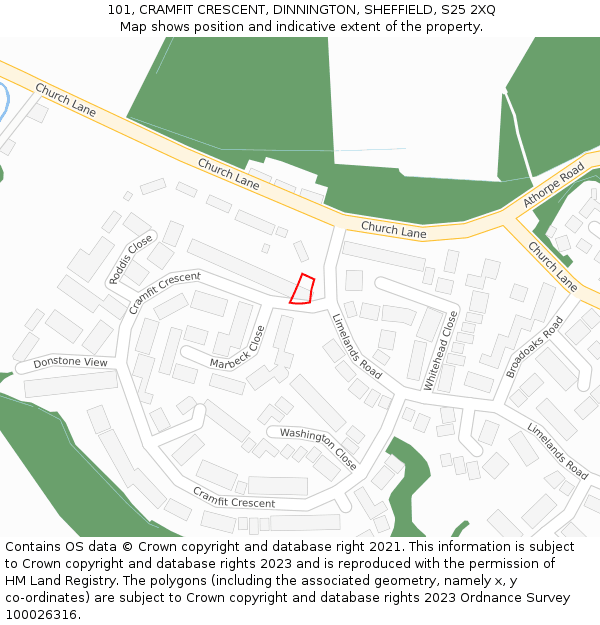 101, CRAMFIT CRESCENT, DINNINGTON, SHEFFIELD, S25 2XQ: Location map and indicative extent of plot