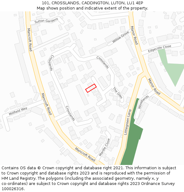 101, CROSSLANDS, CADDINGTON, LUTON, LU1 4EP: Location map and indicative extent of plot