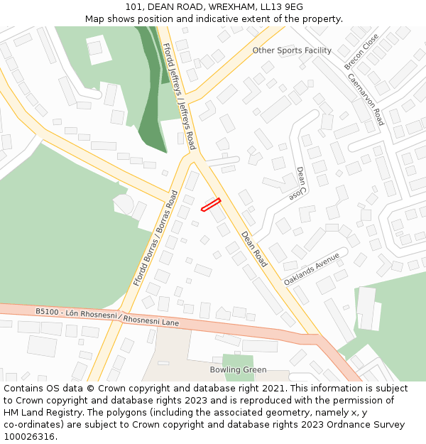 101, DEAN ROAD, WREXHAM, LL13 9EG: Location map and indicative extent of plot