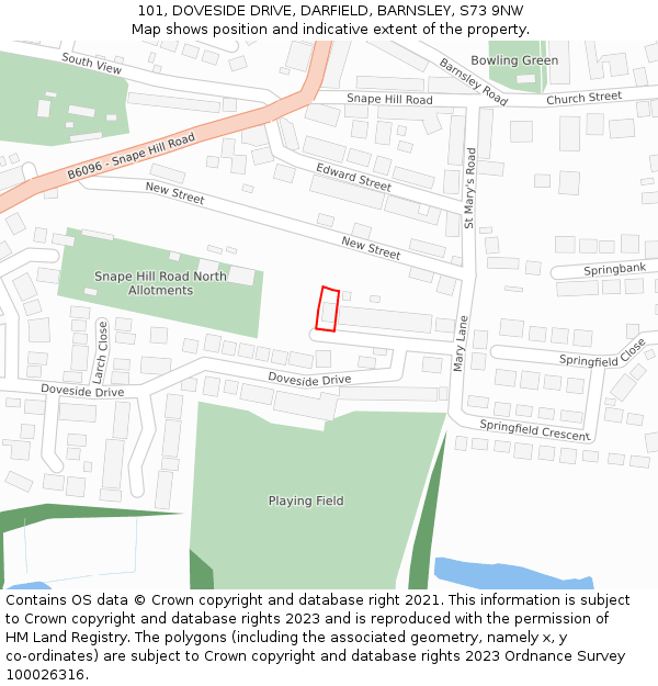 101, DOVESIDE DRIVE, DARFIELD, BARNSLEY, S73 9NW: Location map and indicative extent of plot