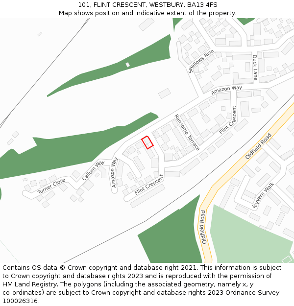 101, FLINT CRESCENT, WESTBURY, BA13 4FS: Location map and indicative extent of plot