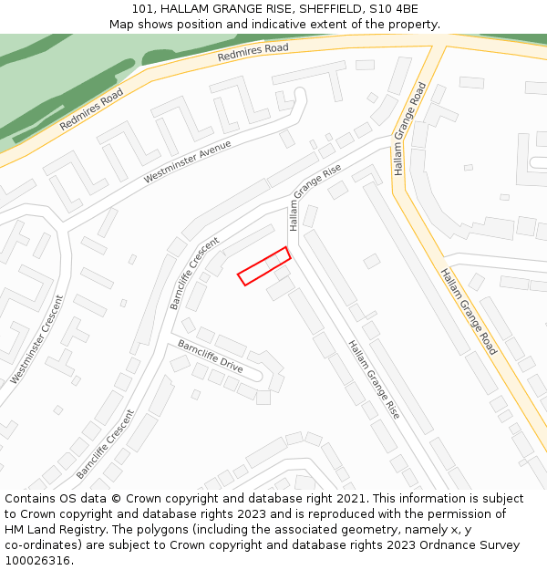 101, HALLAM GRANGE RISE, SHEFFIELD, S10 4BE: Location map and indicative extent of plot