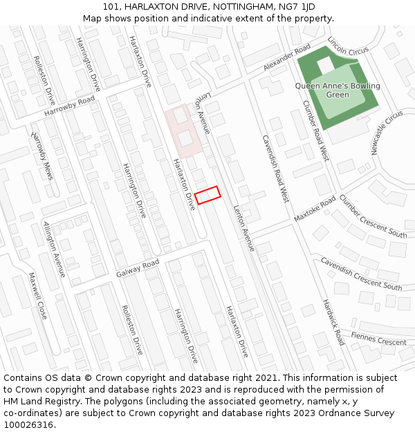 101, HARLAXTON DRIVE, NOTTINGHAM, NG7 1JD: Location map and indicative extent of plot