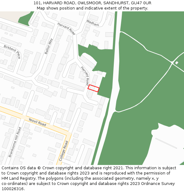 101, HARVARD ROAD, OWLSMOOR, SANDHURST, GU47 0UR: Location map and indicative extent of plot