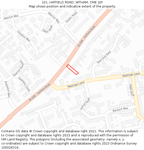 101, HATFIELD ROAD, WITHAM, CM8 1EF: Location map and indicative extent of plot