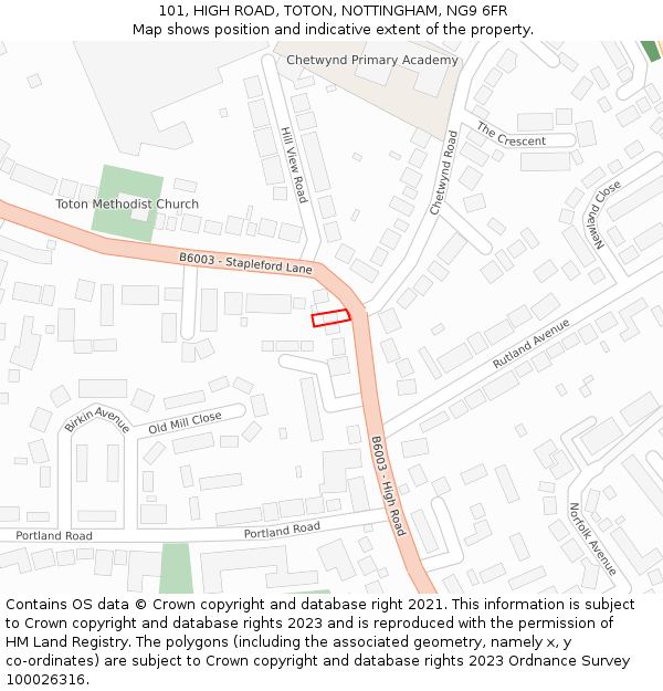 101, HIGH ROAD, TOTON, NOTTINGHAM, NG9 6FR: Location map and indicative extent of plot