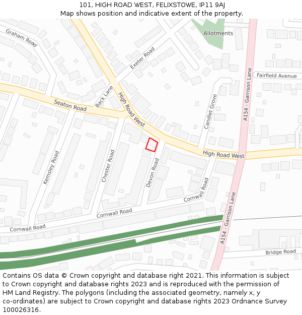 101, HIGH ROAD WEST, FELIXSTOWE, IP11 9AJ: Location map and indicative extent of plot