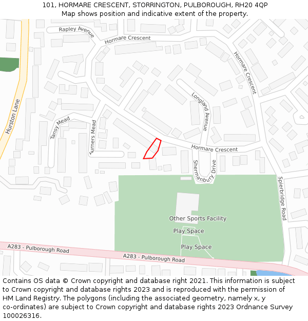 101, HORMARE CRESCENT, STORRINGTON, PULBOROUGH, RH20 4QP: Location map and indicative extent of plot