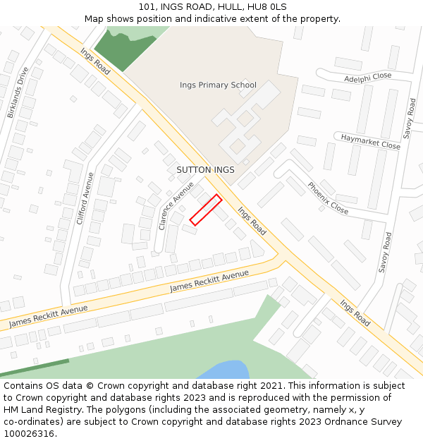 101, INGS ROAD, HULL, HU8 0LS: Location map and indicative extent of plot