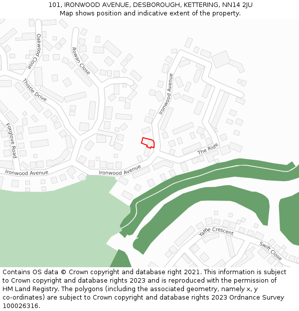 101, IRONWOOD AVENUE, DESBOROUGH, KETTERING, NN14 2JU: Location map and indicative extent of plot