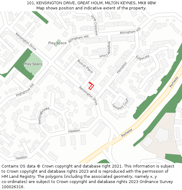 101, KENSINGTON DRIVE, GREAT HOLM, MILTON KEYNES, MK8 9BW: Location map and indicative extent of plot