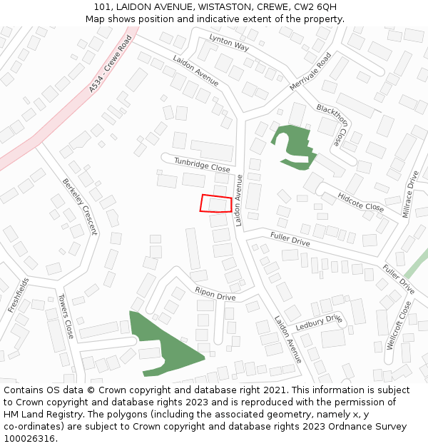 101, LAIDON AVENUE, WISTASTON, CREWE, CW2 6QH: Location map and indicative extent of plot