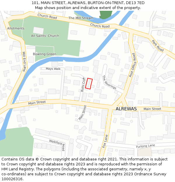 101, MAIN STREET, ALREWAS, BURTON-ON-TRENT, DE13 7ED: Location map and indicative extent of plot