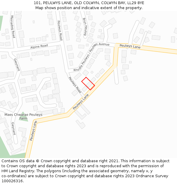 101, PEULWYS LANE, OLD COLWYN, COLWYN BAY, LL29 8YE: Location map and indicative extent of plot