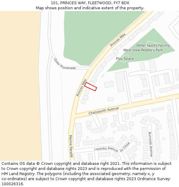 101, PRINCES WAY, FLEETWOOD, FY7 8DX: Location map and indicative extent of plot