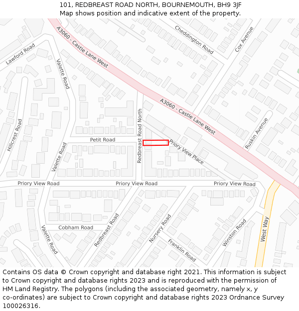 101, REDBREAST ROAD NORTH, BOURNEMOUTH, BH9 3JF: Location map and indicative extent of plot