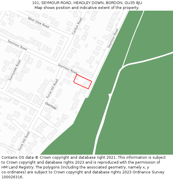 101, SEYMOUR ROAD, HEADLEY DOWN, BORDON, GU35 8JU: Location map and indicative extent of plot