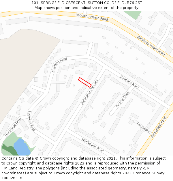 101, SPRINGFIELD CRESCENT, SUTTON COLDFIELD, B76 2ST: Location map and indicative extent of plot