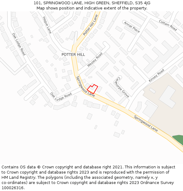 101, SPRINGWOOD LANE, HIGH GREEN, SHEFFIELD, S35 4JG: Location map and indicative extent of plot